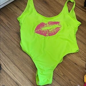 Neon Green One Piece Swimsuit with Pink Lips  3/$80